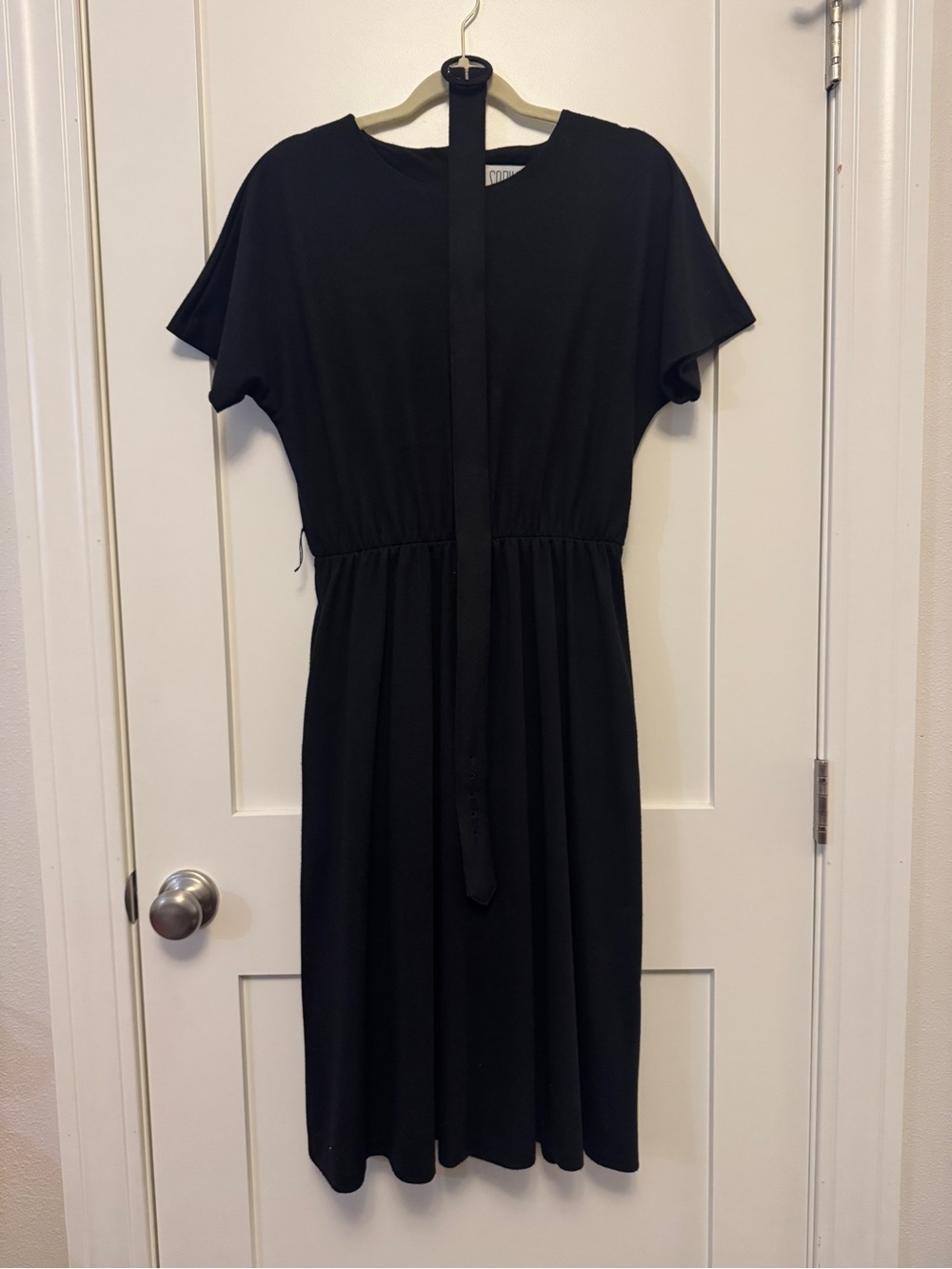 Vintage Sabino Black Dolman Sleeve Midi Dress Elastic Waist, Belt, Pockets 10p